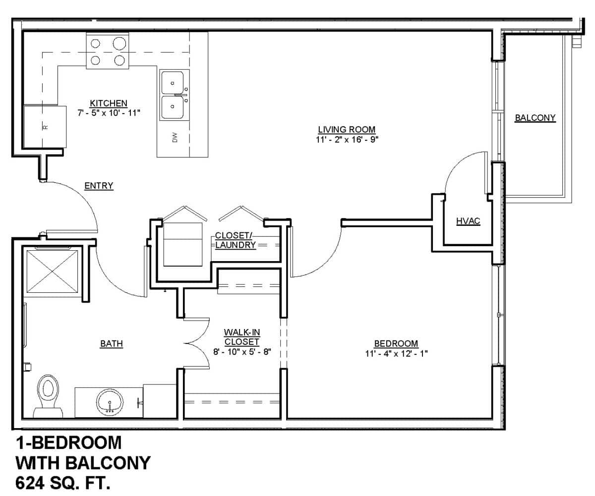 Mill City Senior Living 1 Bedroom With Balcony 624 Sq. Ft.